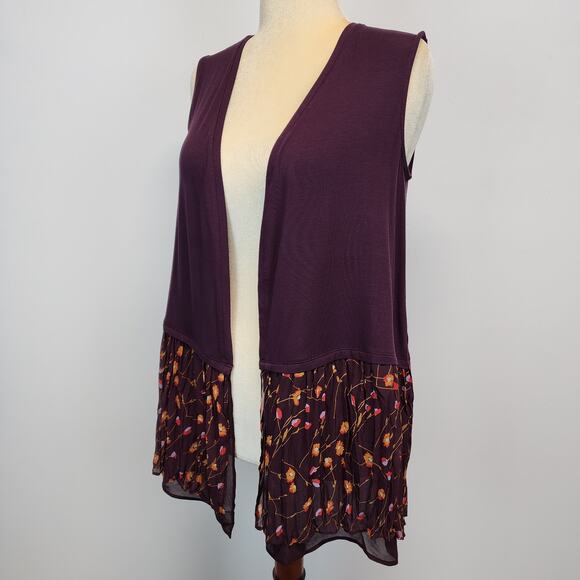 Lori Goldstein Sleeveless Cardigan Top Size XS Plum Modal Floral Chiffon Trim - Picture 2 of 12